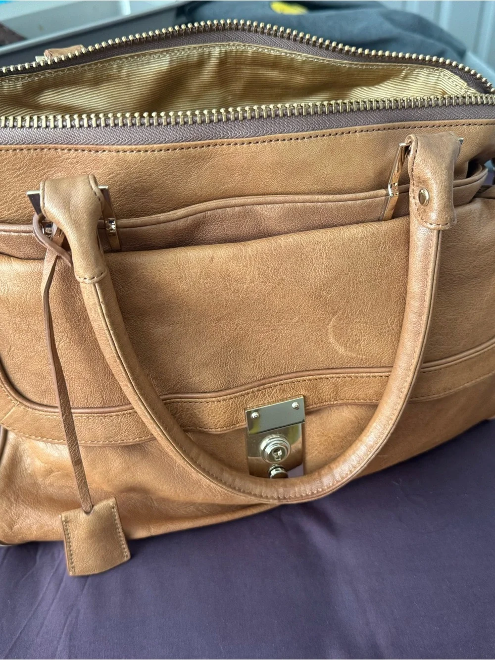 Tre Vero Cognac Leather Satchel with Gold Hardware